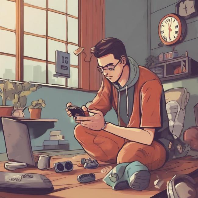 Một người chơi game mobile đang đặt điện thoại xuống và nhìn đồng hồ, thể hiện việc quản lý thời gian